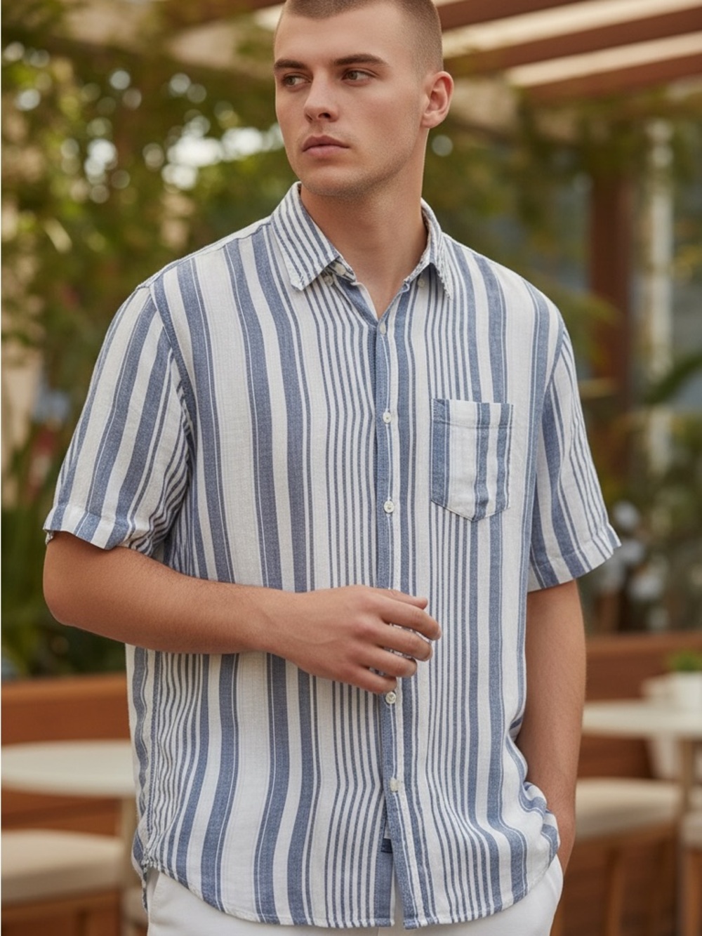 J. Crew Blue and White Vertical Stripe Short-Sleeve Button-Down Shirt